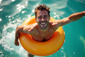 Person in distress, swimming with flotation device
