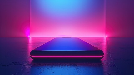 Futuristic phone on a platform with vibrant neon lights