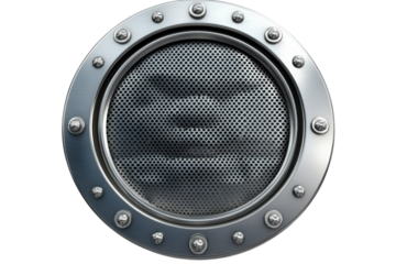 Steampunk portal revealing hidden dimensions with riveted metal frame embracing a complex mesh on transparent background