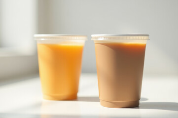 A simple scene featuring two cups of orange juice placed side by side, ideal for use in still life or beverage-related contexts