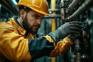 Electrician working on a circuit panel in a dimly lit basement during an evening repair job, focused on wiring and adjustments
