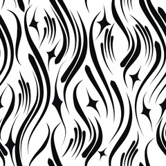 Fototapeta premium Seamless abstract black and white vector pattern with dynamic wavy lines and star shapes. Modern minimal hand drawn endless design for textile, fabric, wallpaper, backgrounds and stylish decoration.