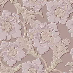 3d embossed seamless floral pattern with beautiful relief vintage flowers, leaves in soft beige and mauve tones. Vector emboss surface background. Relief textured 3d ornaments with embossing effects.