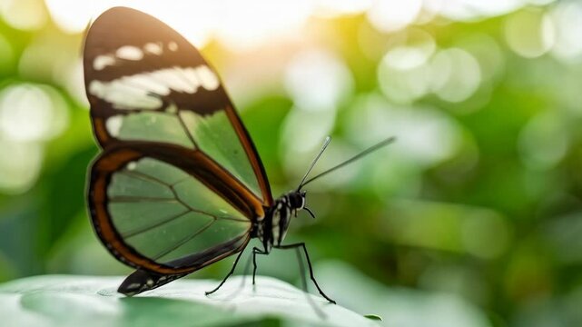 Detailed close-up of a glasswing butterfly perched on a green leaf in a lush, natural setting with sunlight filtering through the foliage.