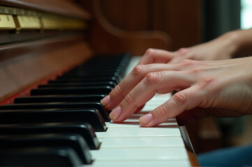 Obraz premium A person's hands play piano notes on the keys