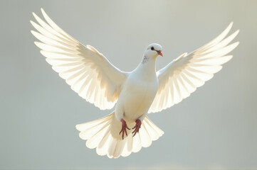 Fototapeta premium A white dove flying in the air with its wings spread, often used as a symbol of peace and hope