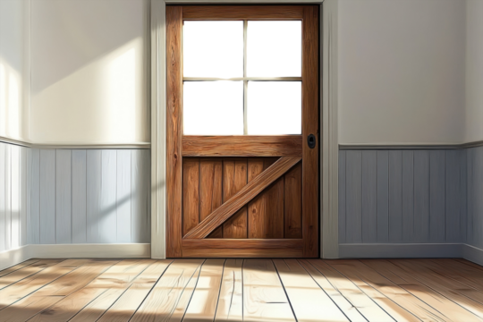 An inviting rustic barn door beckons hinting at untold stories and hidden treasures within its on transparent background