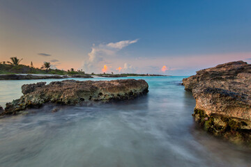 Beautiful beach at the Caribbean sea in Playa del Carmen at sunset, Mexico