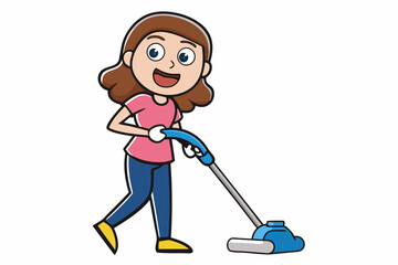 Young woman, cleaning, vacuum cleaner, happy expression, household chore, vector illustration, housework, domestic task, tidying, home care.