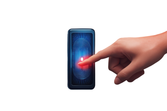 Unlocking the Future A finger presses a high tech fingerprint scanner embracing security and on transparent background - Powered by Adobe