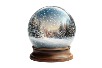 A serene winter wonderland encapsulated within a snow globe evoking cozy holiday memories with on transparent background