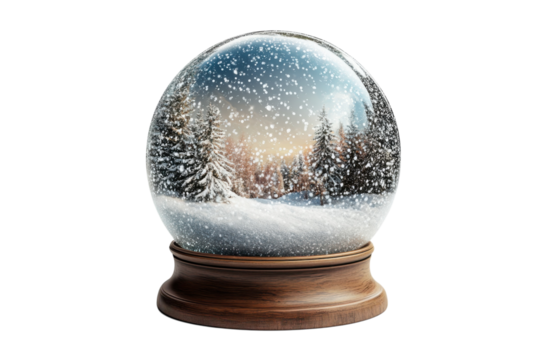 A serene winter wonderland encapsulated within a snow globe evoking cozy holiday memories with on transparent background