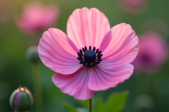 A close-up shot of a bright pink flower growing in a green field