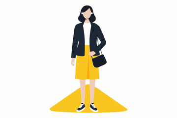 Woman standing, fashion outfit, black jacket, white shirt, yellow skirt, casual style, urban look, trendy attire, modern fashion, streetwear vibe.