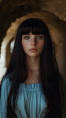 Fototapeta premium A young woman with long dark hair and a teal colored top.