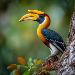 vibrant hornbill perched on a tree on beak and feathers soft tropical forest background