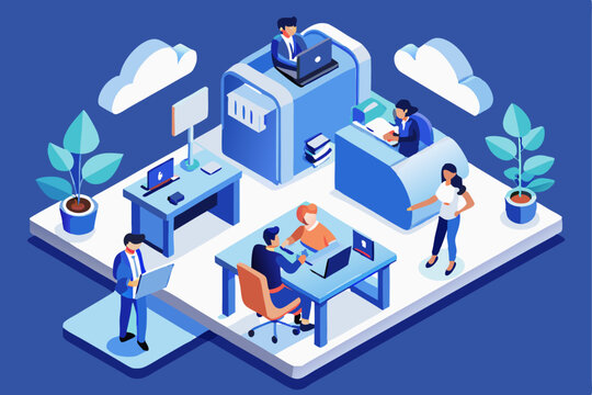 People working in cloud - shaped office, cloud computing, remote work, team collaboration, office workspace, digital work, professional environment, corporate job, online meeting, modern work concept.