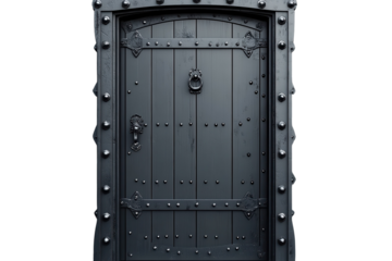 Enter the mystic realm An imposing gothic wooden door with intricate metal accents and ornate on transparent background