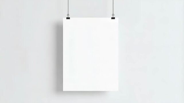 Blank white poster hanging on clips against a light gray wall, perfect for mockup or design placement. Simple, clean and modern display.