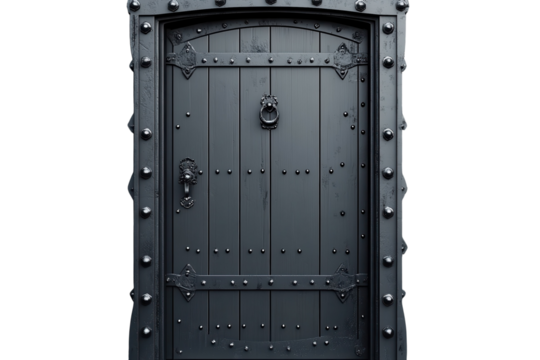 Enter the mystic realm An imposing gothic wooden door with intricate metal accents and ornate on transparent background