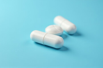 Three white pills sit on a blue surface, ready for use