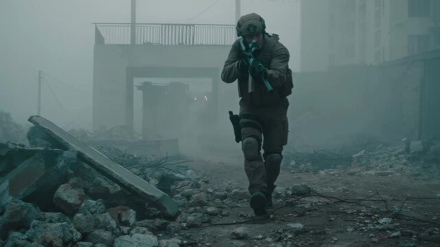 Soldier in tactical gear walking through ruined urban warzone with rifle
