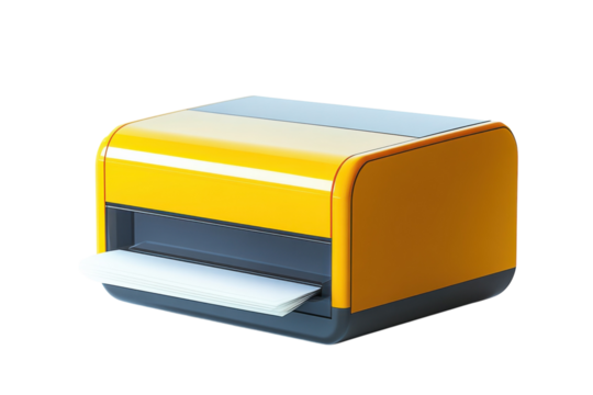 A stylish yellow printer diligently dispensing crisp blank white paper a symbol of on transparent background