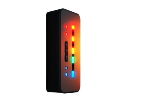 A futuristic device featuring a vibrant rainbow light display showcasing digital technology on transparent background
