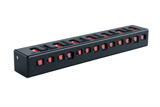 A sleek black power strip with individual red switches empowering energy control and on transparent background