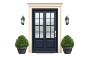 Inviting entranceway with a stately navy blue double door flanked by manicured topiaries and on transparent background