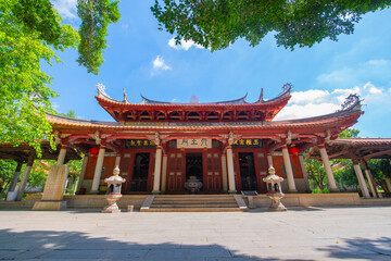 Fototapeta premium Tianwang (Heavenly kings) Hall of Southern Shaolin Monastery. This temple is the branch of Shaolin Temple from Central China, located in Mount QIngyuan in city of Quanzhou, Fujian Province, China. 