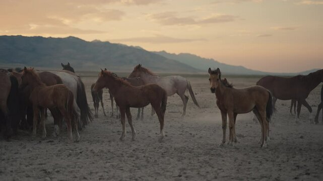Wild horses running and grazing during sunset in the high desert mountains