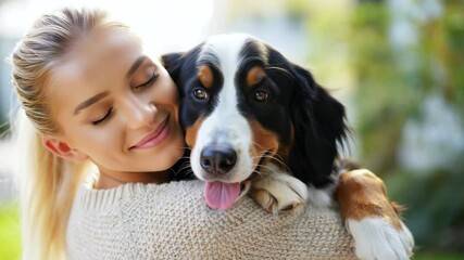 Young woman hugging happy Bernese Mountain Dog outdoors on a sunny day