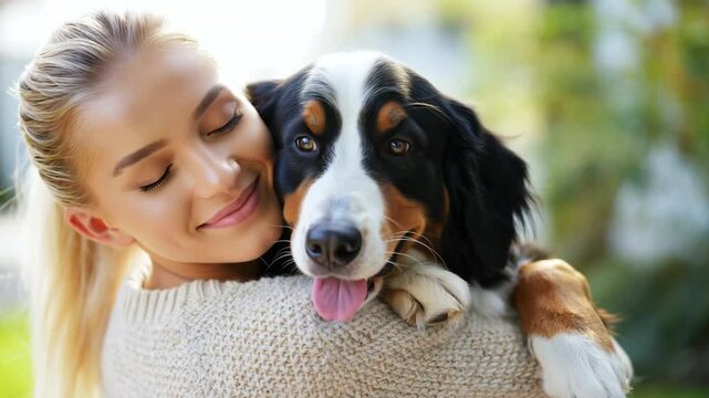 Young woman hugging happy Bernese Mountain Dog outdoors on a sunny day