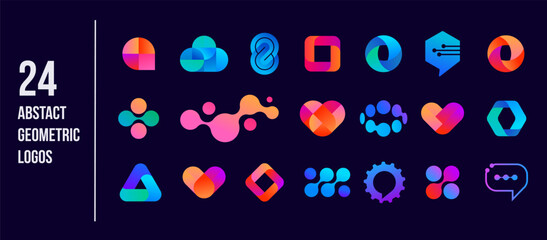 Collection of abstract tech logos. Cyber, communications, biotech and healthcare concept icon set.