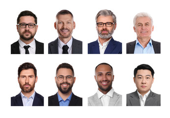 Photos of different men for passport or other identification document on white background, set