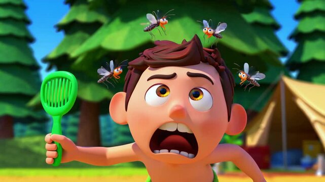 Cartoon boy holding fly swatter surrounded by mosquitoes while camping in forest during summer