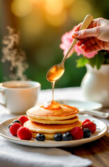 Lush pancakes with berries lie in a pile on a plate, a woman's hand pours honey over them, a cup of hot coffee in the background, a bouquet of flowers 