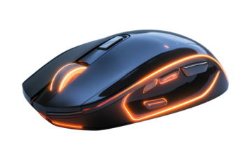 A sleek gaming mouse with vibrant orange glowing accents poised for victory on the digital on transparent background