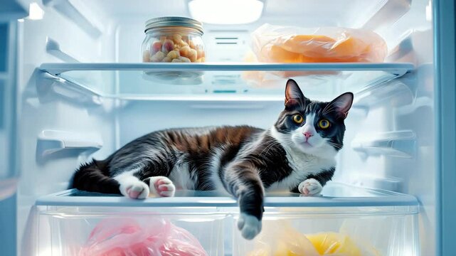 Black and white cat lying inside open refrigerator to cool down on hot summer day