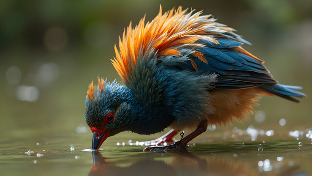 Bird feathers with colorful oil sheen. Ultra realistic bird preening by a pond. Vibrant bird colors in sunlight. Stunning feather texture and details.