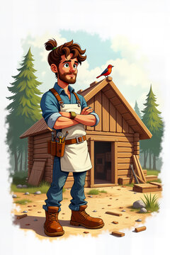 A confident carpenter with a cheerful expression stands proudly by a wooden cabin, illustrated in a whimsical, cartoon style.