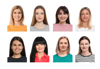 Photos of different women for passport or other identification document on white background, set