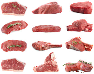Pieces of raw beef meat and spices isolated on white, collage