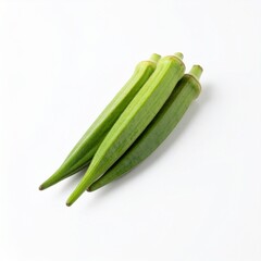 Okra Pods on Isolated White Background &ndash; Slender Green Capsules with Velvety Skin and Studio Lighting