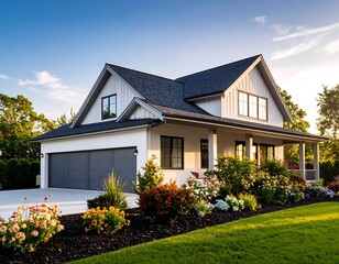Modern farmhouse exterior at sunset