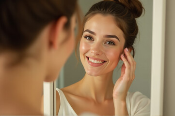 A woman admiring herself in a mirror with a warm and genuine smile