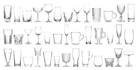 Different empty clean glassware on white background, collage