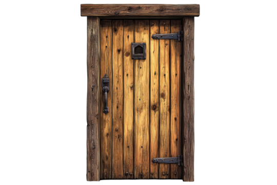 A weathered wooden door stands as a silent guardian echoing tales of bygone eras aged wood and on transparent background