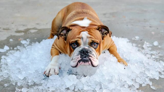 English bulldog lying on pile of ice cubes on hot summer day to cool down from heat